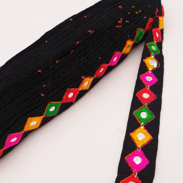 Wholesale Black Cotton Fabric Mirrored Trim With Embroidery In Yellow, Fuchsia Pink, Red & Green Threads